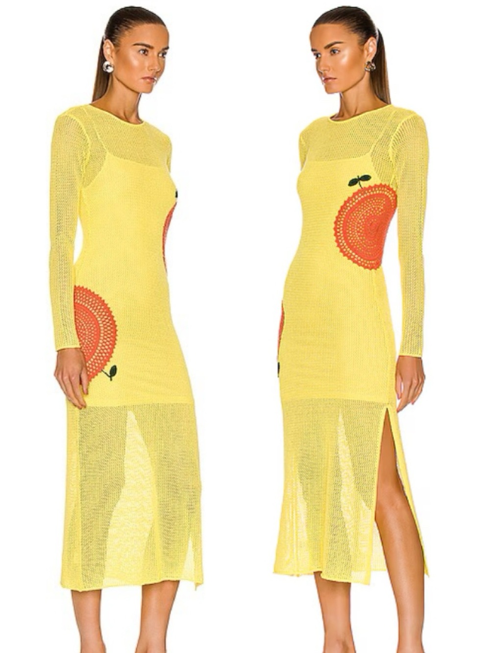 STAUD Bright Yellow Mesh/Fishnet Long-Sleeve Dress, with crochet Graphic